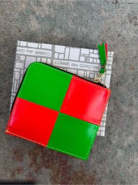 Comme des Garcons Red & Green Checker Zip Wallet